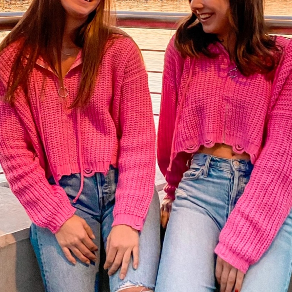 Pink knit zip up hoodie